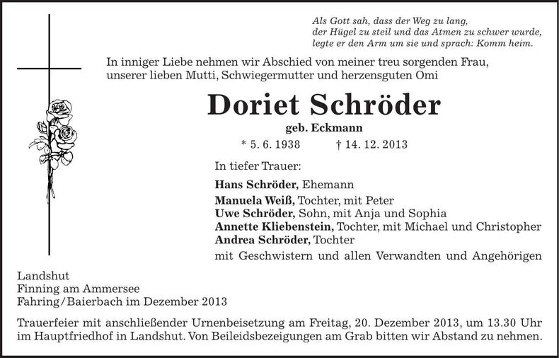 Traueranzeige Doriet Schröder