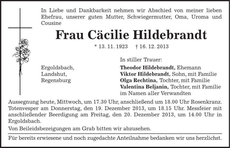 Traueranzeige Cäcilie Hildebrandt