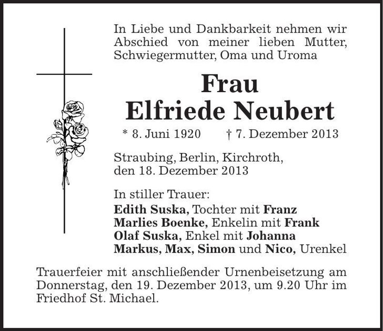 Traueranzeige Elfriede Neubert
