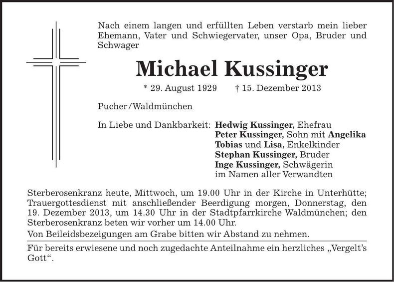 Traueranzeige Michael Kussinger