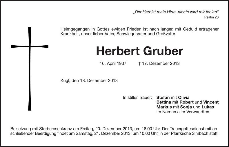 Traueranzeige Herbert Gruber