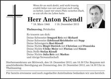 Traueranzeige Anton Kiendl