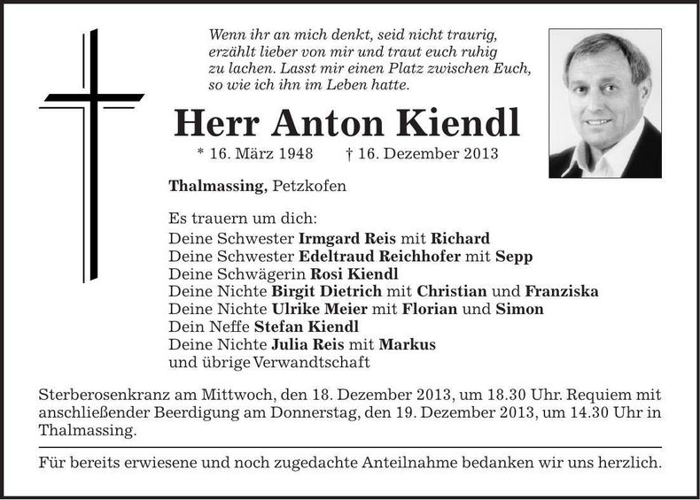 Traueranzeige Anton Kiendl