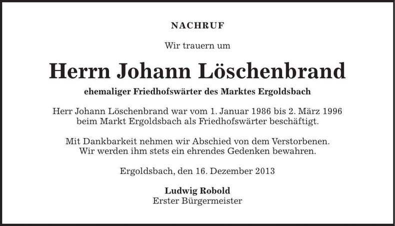Traueranzeige Johann Löschenbrand