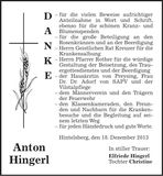 Traueranzeige Anton Hingerl