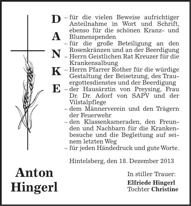 Traueranzeige Anton Hingerl
