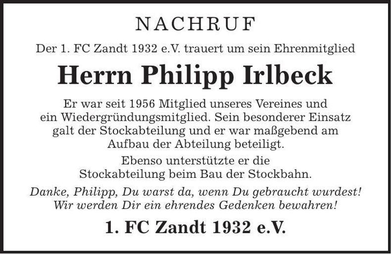 Traueranzeige Philipp Irlbeck