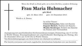 Traueranzeige Maria Hubmacher