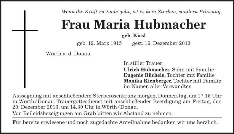 Traueranzeige Maria Hubmacher