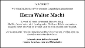 Traueranzeige Walter Macht