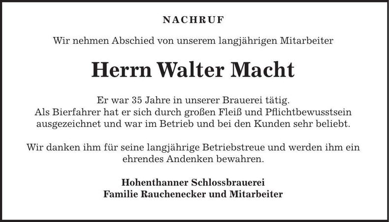 Traueranzeige Walter Macht