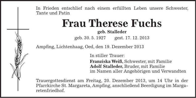 Traueranzeige Therese Fuchs
