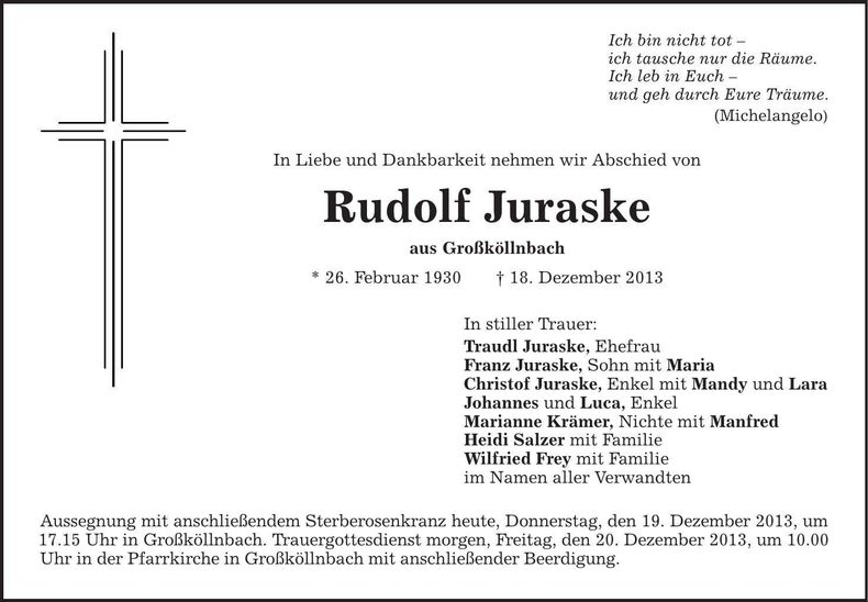 Traueranzeige Rudolf Juraske