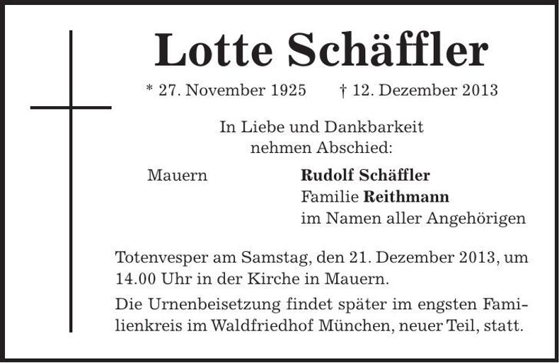 Traueranzeige Lotte Schäffler