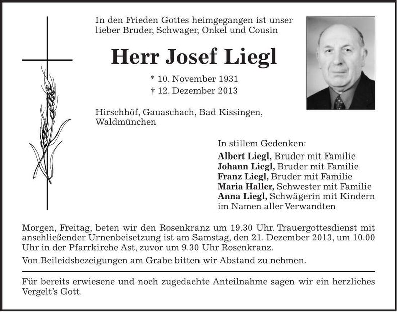 Traueranzeige Josef Liegl