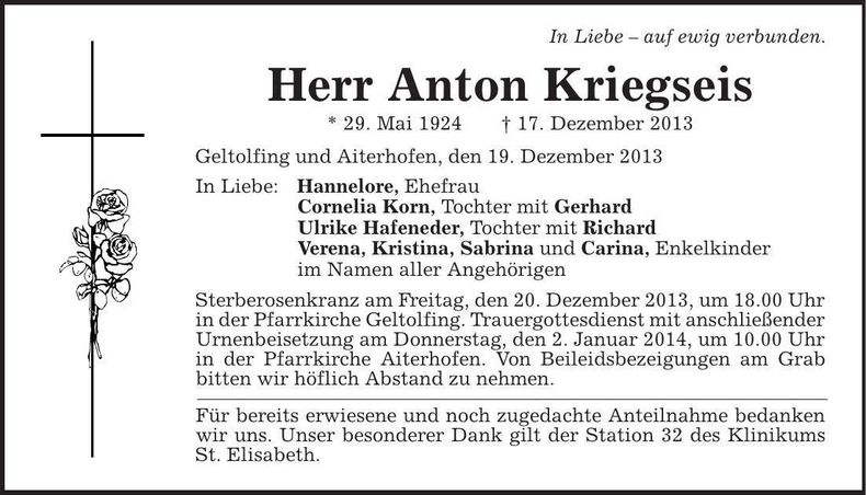 Traueranzeige Anton Kriegseis