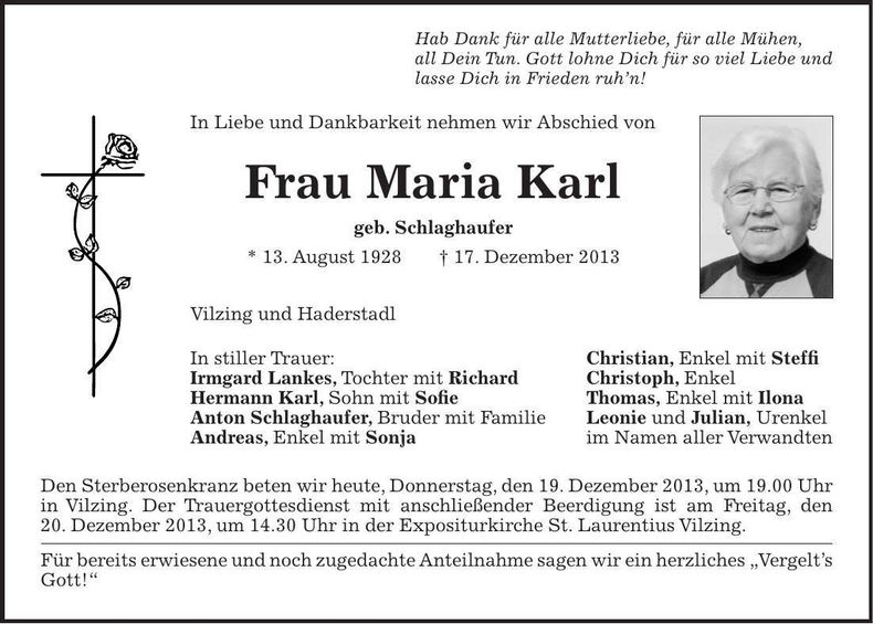 Traueranzeige Maria Karl
