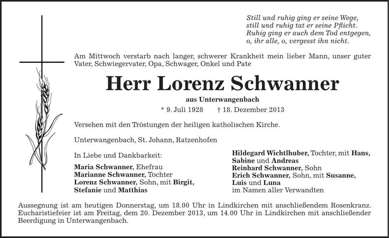 Traueranzeige Lorenz Schwanner