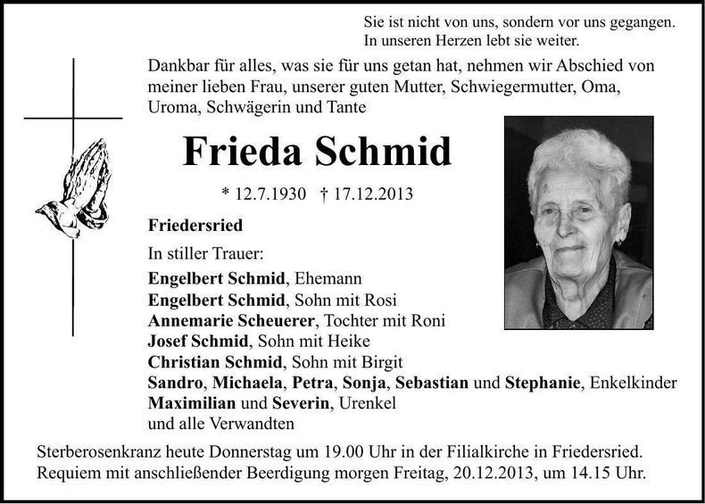 Traueranzeige Frieda Schmid