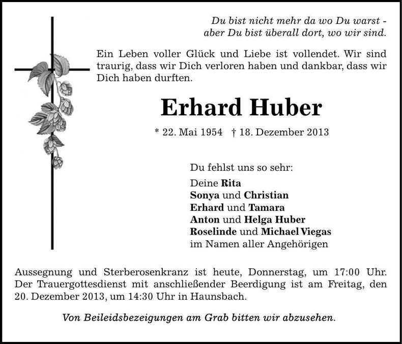 Traueranzeige Erhard Huber