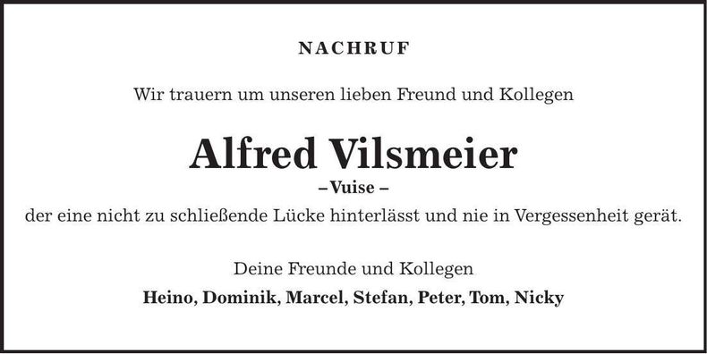 Traueranzeige Alfred Vilsmeier