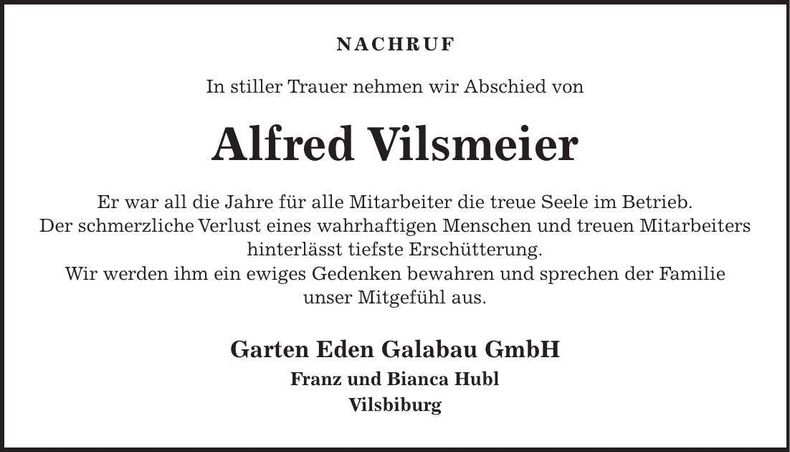 Traueranzeige Alfred Vilsmeier