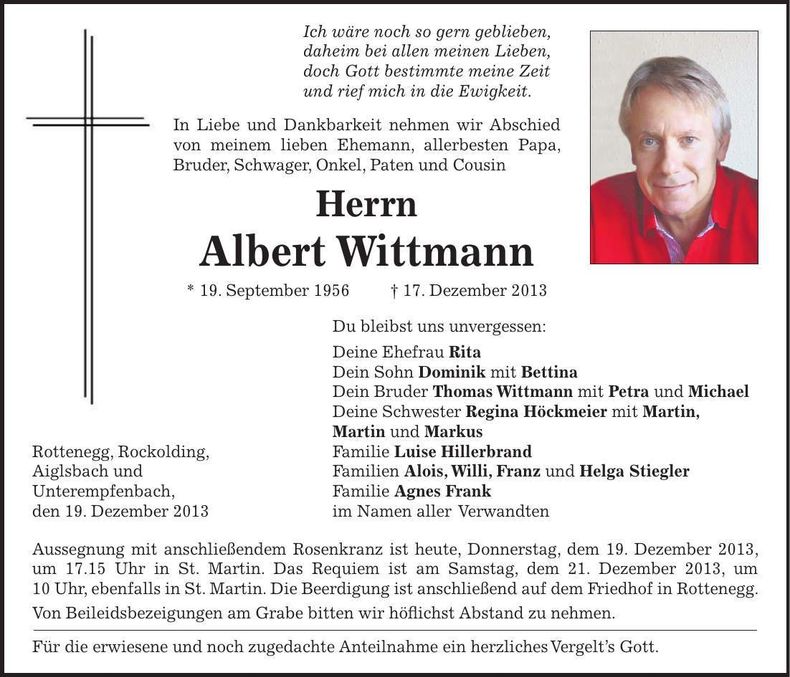 Traueranzeige Albert Wittmann