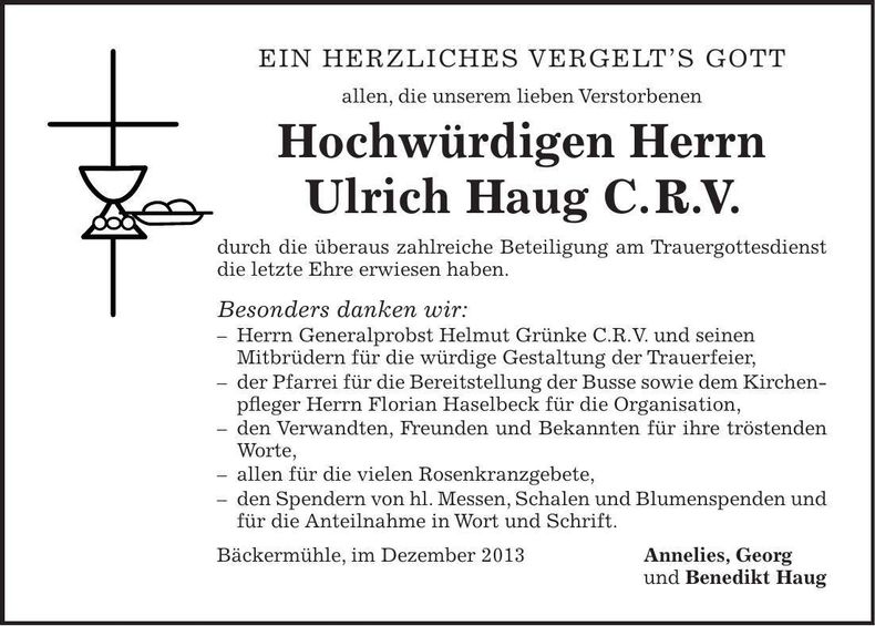 Traueranzeige Ulrich H. H. Haug C. R. V.