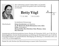 Traueranzeige Betty Vögl