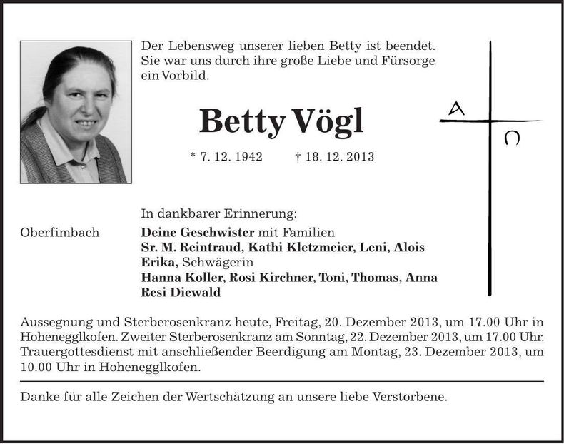 Traueranzeige Betty Vögl