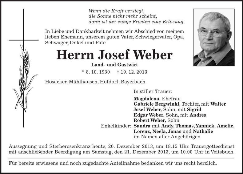 Traueranzeige Josef Weber