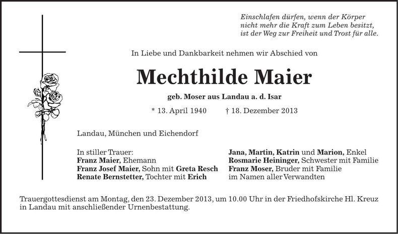 Traueranzeige Mechthilde Maier