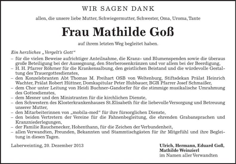 Traueranzeige Mathilde Goß