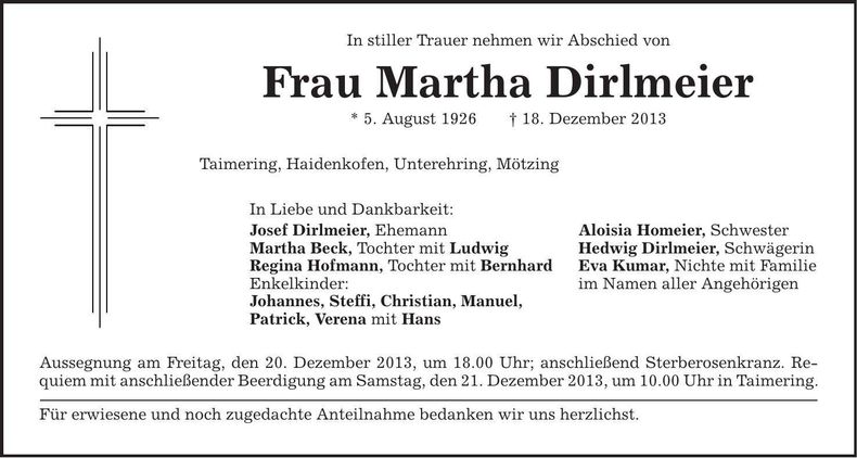Traueranzeige Martha Dirlmeier