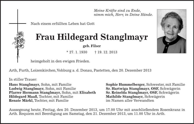 Traueranzeige Hildegard Stanglmayr
