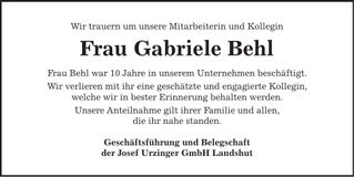 Traueranzeige Gabriele Behl