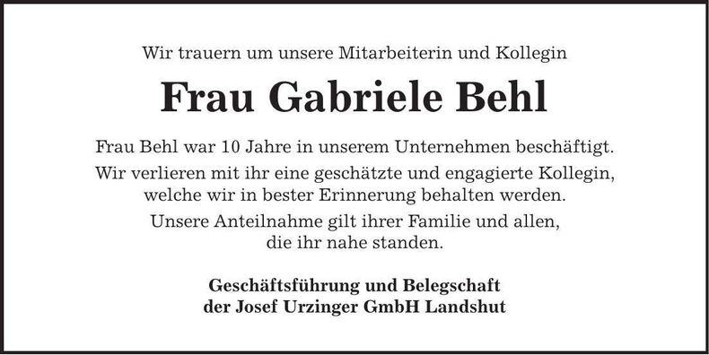 Traueranzeige Gabriele Behl