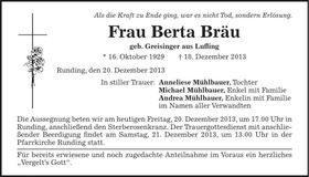 Traueranzeige Berta Bräu