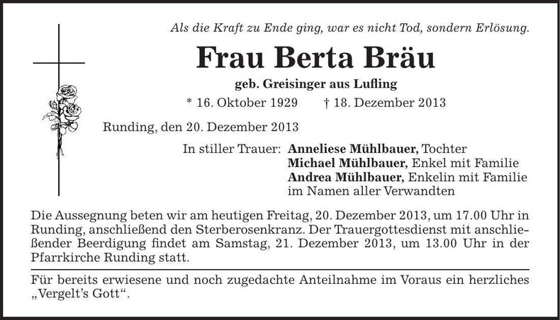 Traueranzeige Berta Bräu