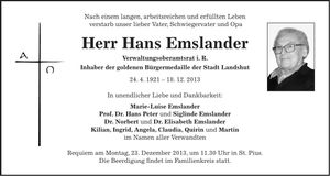Traueranzeige Hans Emslander