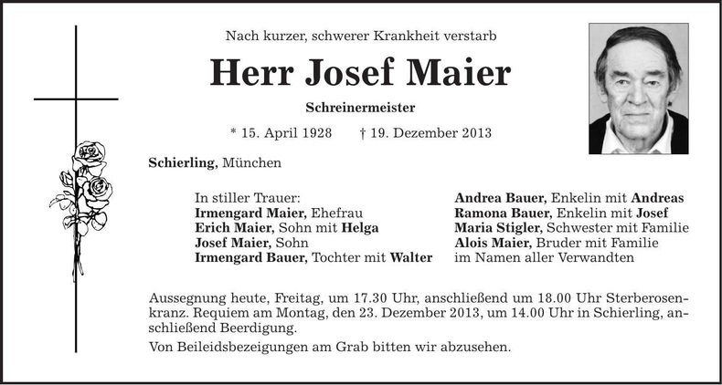 Traueranzeige Josef Maier