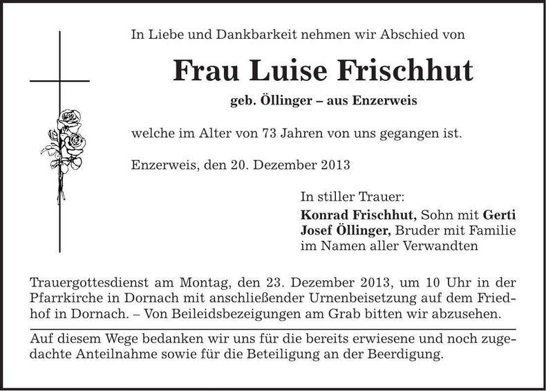 Traueranzeige Luise Frischhut