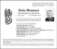 Traueranzeige Alois Brunner