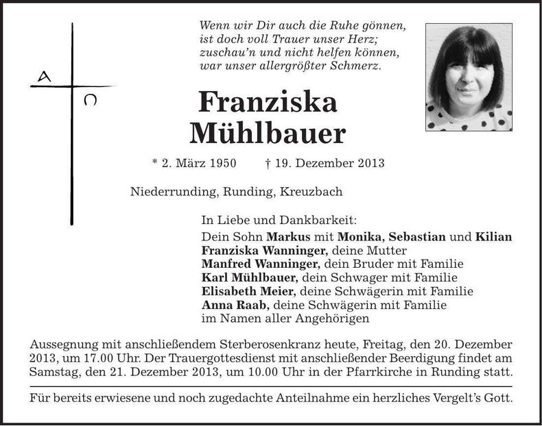 Traueranzeige Franziska Mühlbauer