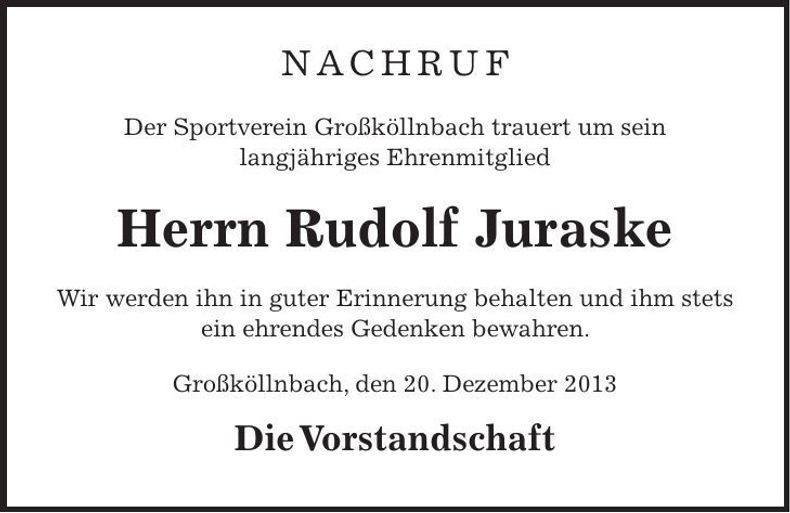 Traueranzeige Rudolf Juraske