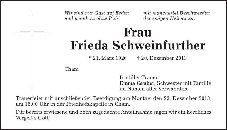 Traueranzeige Frieda Schweinfurther