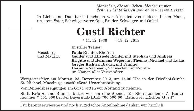 Traueranzeige Gustl Richter