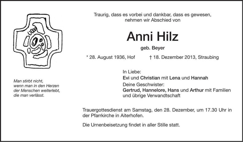 Traueranzeige Anni Hilz