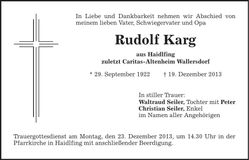 Traueranzeige Rudolf Karg