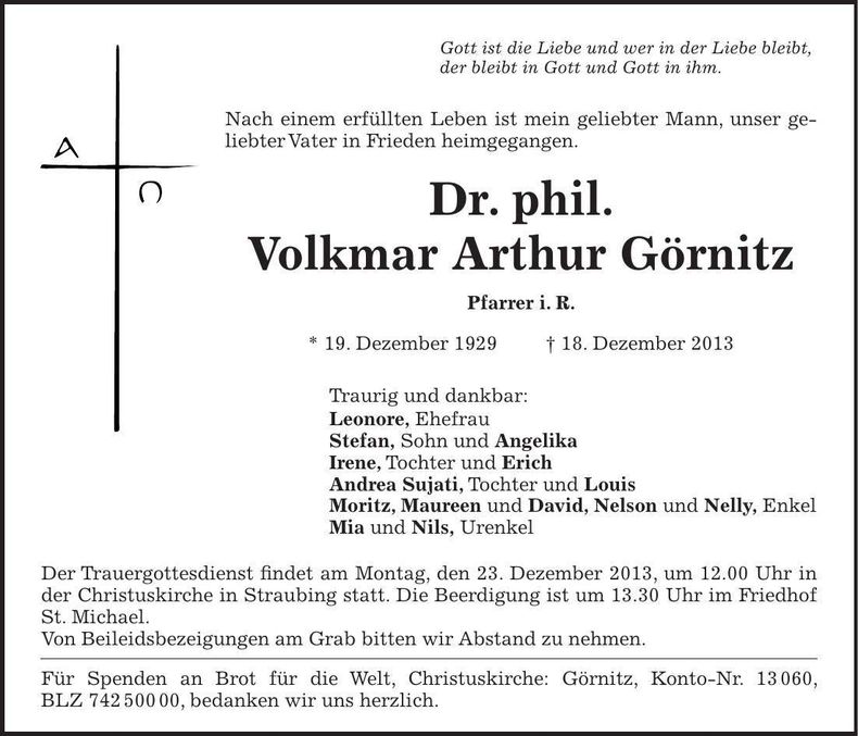 Traueranzeige Volkmar Görnitz Dr. phil.